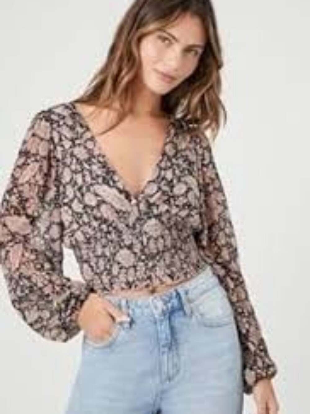 Forever 21 Black Paisley Cropped V-Neck Top